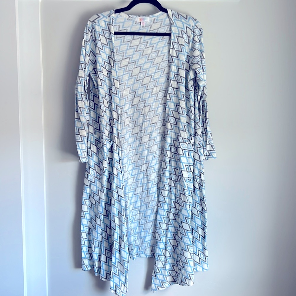 LuLaRoe Open Front Cardigan in Blue and White Diamond Print